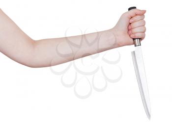 female hand with large kitchen knife isolated on white background