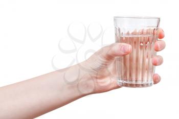 hand holds clear water in glass isolated on white background