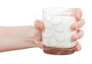 hand holds glass of milk isolated on white background