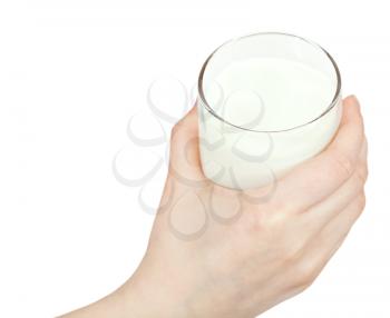 above view of hand holding glass of milk isolated on white background