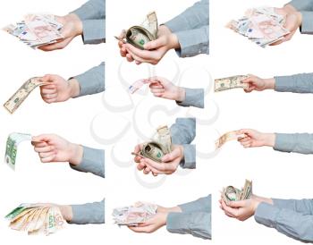 set of banknotes in female hands isolated on white background