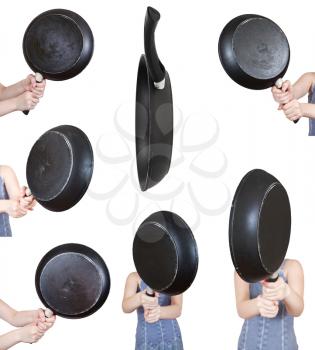 set of woman with frying pan close up isolated on white background