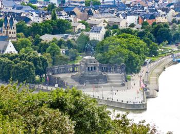 Deutsches Eck (German Corner) at the confluence of Moselle and Rhine rivers in Koblenz town , Germany