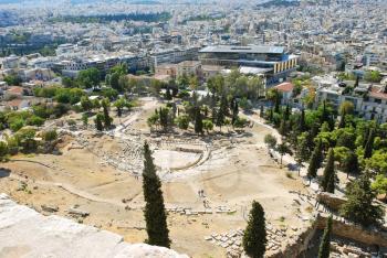 view of city and Theatre of Dionysus on Acropolis Hill, Athens