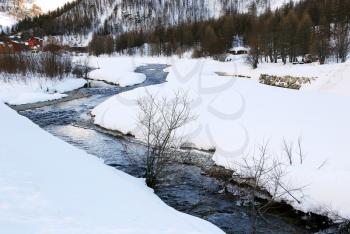 Valley Isere river in winter, Paradiski skiing region, France
