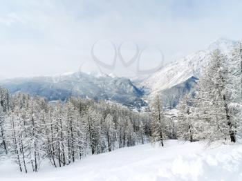 snow mountain slope in skiing region Via Lattea (Milky Way), Sestriere, Italy