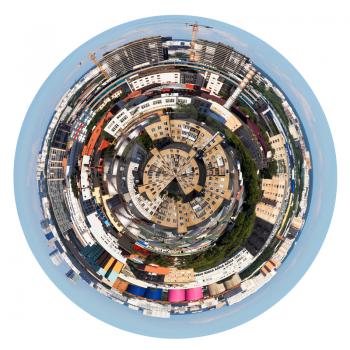 little planet - urban spherical panoramic view of residential area in Moscow isolated on white background