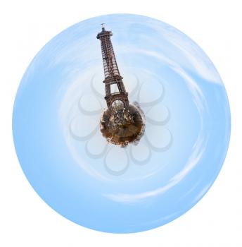 little planet - urban spherical view of Paris with big Eiffel tower isolated on white background