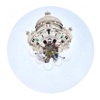 little planet - urban spherical view of Basilica Sacre Coeur in Paris isolated on white background