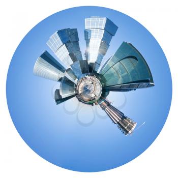 little planet - urban spherical panorama of Moscow city under blue sky isolated on white background
