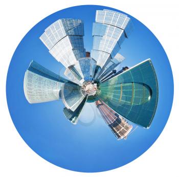 little planet - urban spherical panorama of Moscow city towers isolated on white background