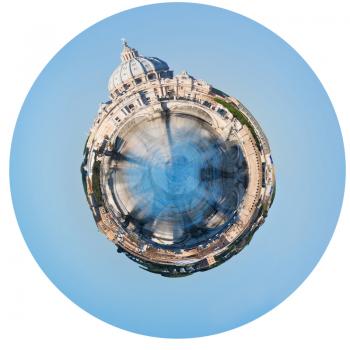 little planet - urban spherical view of Tiber river and St Peter Basilica in Rome isolated on white background
