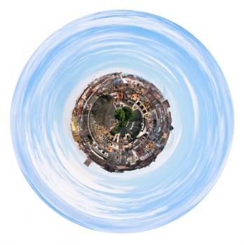 little planet - urban spherical skyline of Rome from Capitoline Hill, Italy isolated on white background