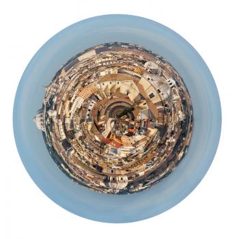 little planet - urban spherical view of old distrct and St Peter Basilica, Rome, Italy isolated on white background
