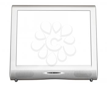 front view of silver TV set display with cut out screen isolated on white background
