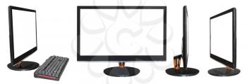 set of widescreen black computer displays with cutout screen isolated on white background