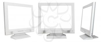 set of grey computer displays with cutout screen isolated on white background