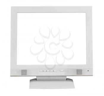 front view of grey computer display with cut out screen isolated on white background