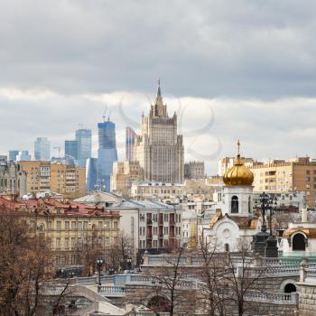 Moscow cityscape with Moscow City buildings and Kudrinskaya Square skyscraper in autumn day