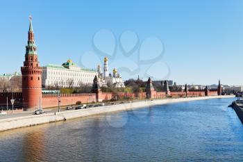 Moscow cityscape with Kremlin, embankments, Moskva river in spring day