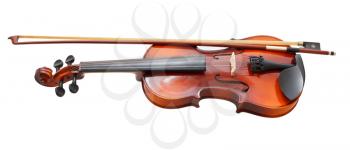 traditional wooden fiddle with french bow isolated on white background