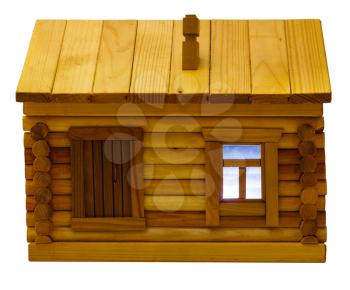 front view of model of village wooden log house in evening isolated on white background