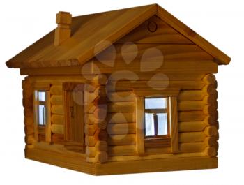 blue light in window of model of village wooden log house at night isolated on white background