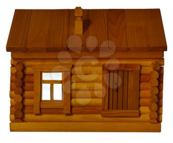 front view of model of village wooden log house at night isolated on white background