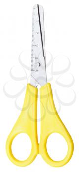 closed school scissors for paper with yellow handles isolated on white background