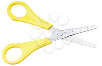 open school scissors for paper with yellow handles isolated on white background