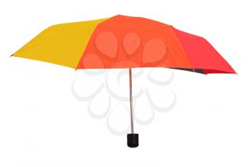 side view of open multicolored umbrella isolated on white background