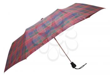 side view of folding checkered umbrella isolated on white background