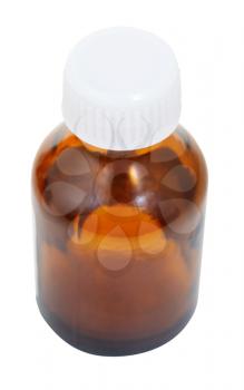 one closed brown glass oval pharmacy bottle isolated on white background