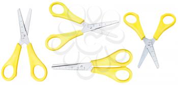 set of open school scissors with yellow handles isolated on white background