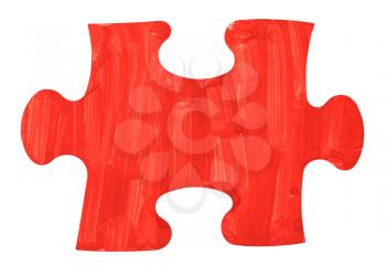 one red painted piece piece of jigsaw puzzle isolated on white background