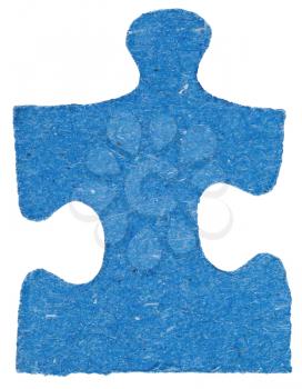 one blue tile of jigsaw puzzle isolated on white background