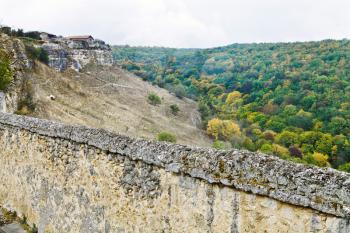 Fortified walls of medieval town chufut kale in Crimea