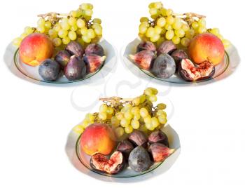 set of Crimean autumn seasonal fruits on plates isolated on white background