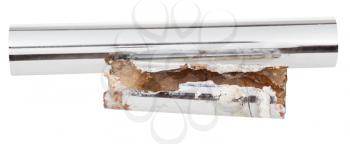 new and corroded drain metal pipe isolated on white background