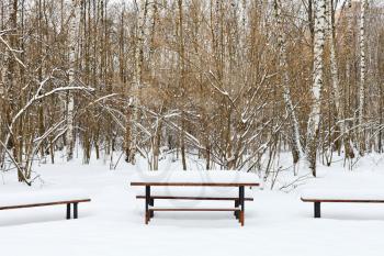 snow covered table and benches on recreation ground of urban park in winter