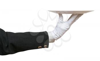 side view of arm in white glove with empty flat white plate isolated on white background