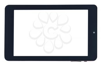 front view of black tablet pc with cut out screen isolated on white background
