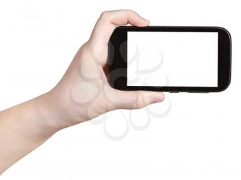 child holding smart phone with cut out screen isolated on white background