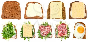 set of sandwiches from toasted rye bread isolated on white background