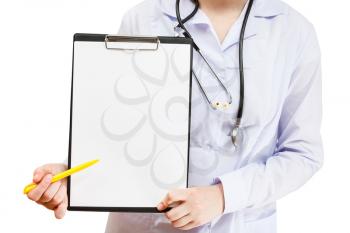 Nurse points on clipboard with blank paper isolated on white background