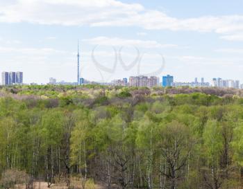 view of city and green forest in spring day