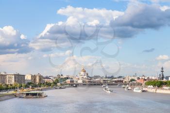 Moscow city skyline with Crimean bridge, Catherdral of Christ the Saviour and Moskva River, Russia