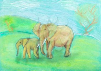 children drawing - Elephant with baby elephant in the savannah by dry pastel on green paper