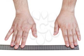 male hands with metallic ruller line isolated on white background