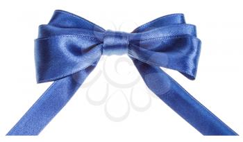 real blue satin ribbon bow with horizontal cut ends isolated on white background